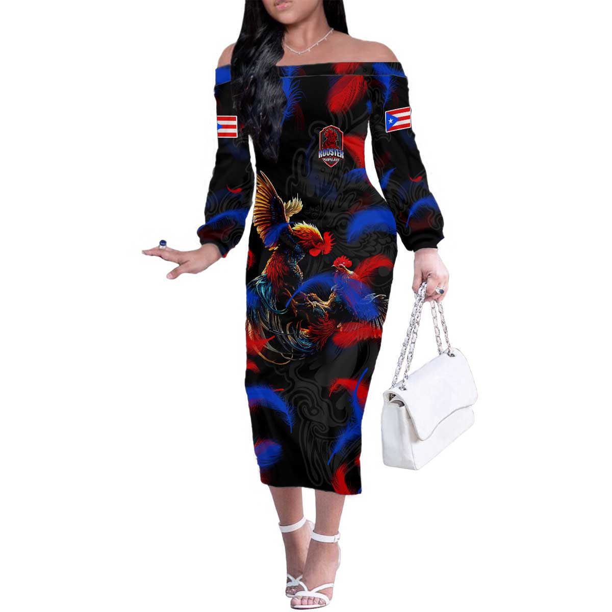 Puerto Rican Rooster Family Matching Off The Shoulder Long Sleeve Dress and Hawaiian Shirt Puerto Rico Pride and Power Spirit