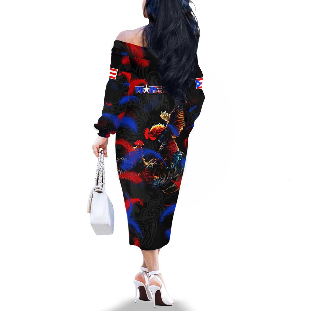 Puerto Rican Rooster Family Matching Off The Shoulder Long Sleeve Dress and Hawaiian Shirt Puerto Rico Pride and Power Spirit