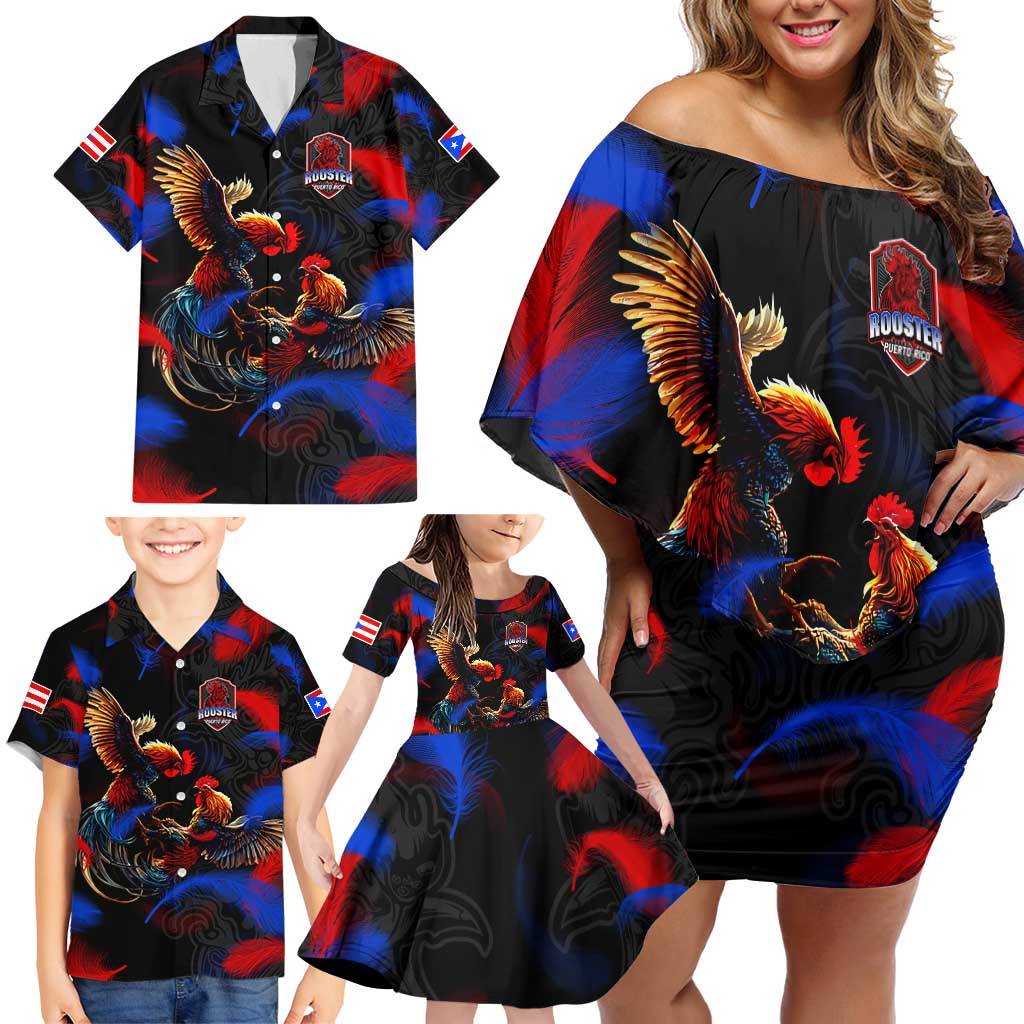 Puerto Rican Rooster Family Matching Off Shoulder Short Dress and Hawaiian Shirt Puerto Rico Pride and Power Spirit