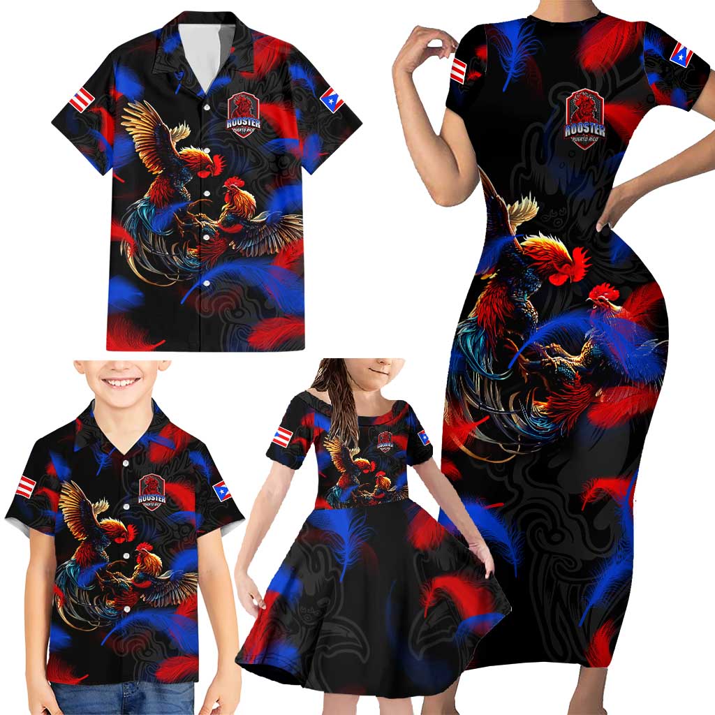 Puerto Rican Rooster Family Matching Short Sleeve Bodycon Dress and Hawaiian Shirt Puerto Rico Pride and Power Spirit