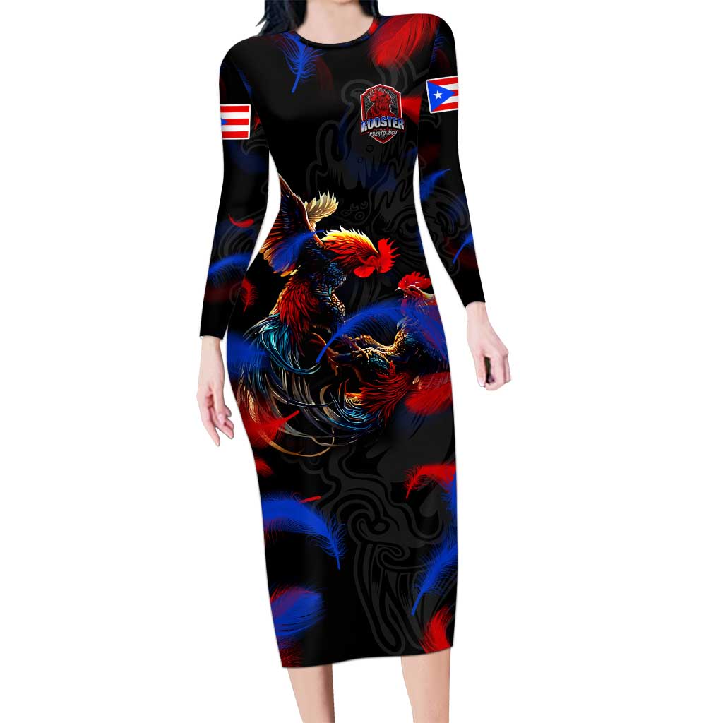 Puerto Rican Rooster Long Sleeve Bodycon Dress Puerto Rico Pride and Power Spirit