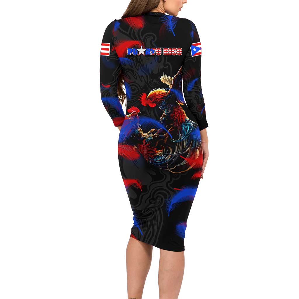 Puerto Rican Rooster Long Sleeve Bodycon Dress Puerto Rico Pride and Power Spirit