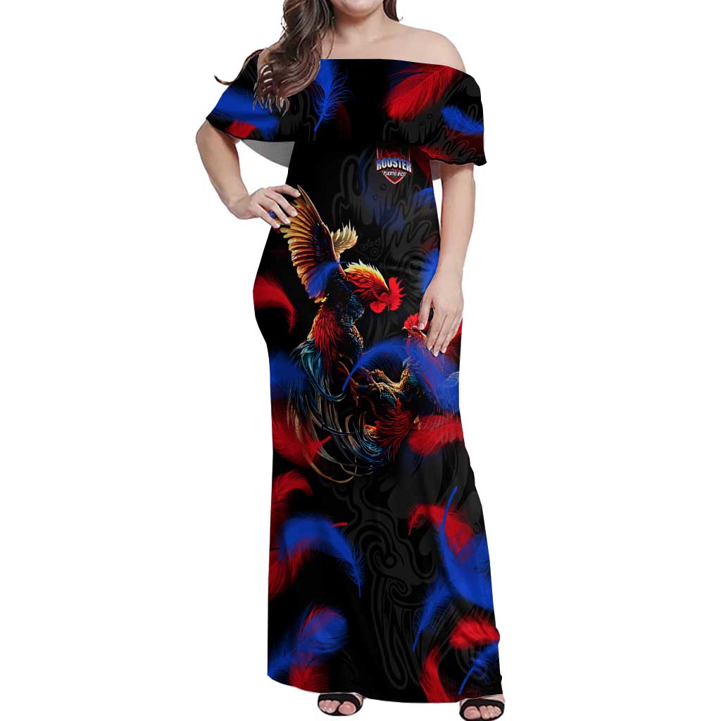Puerto Rican Rooster Off Shoulder Maxi Dress Puerto Rico Pride and Power Spirit