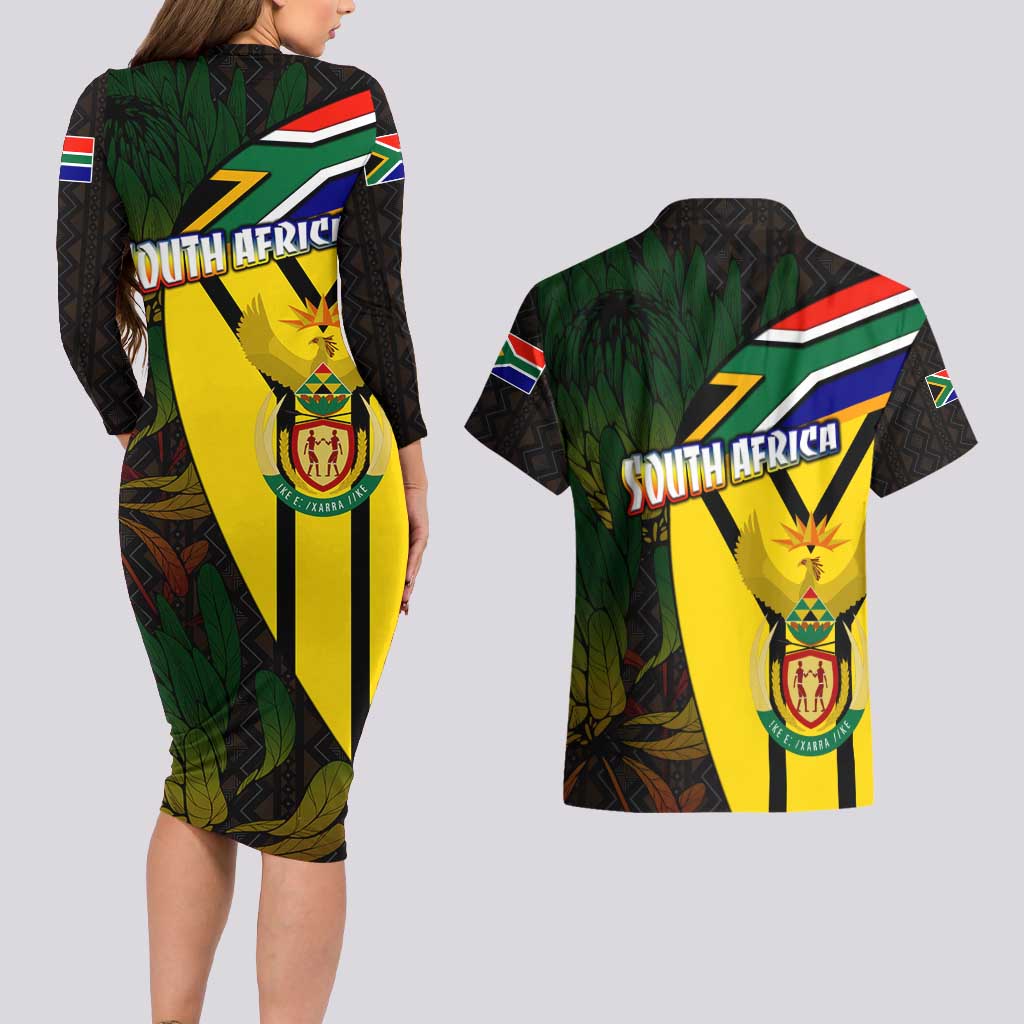 South Africa Coat Of Arms Couples Matching Long Sleeve Bodycon Dress and Hawaiian Shirt Protea Unity Heritage