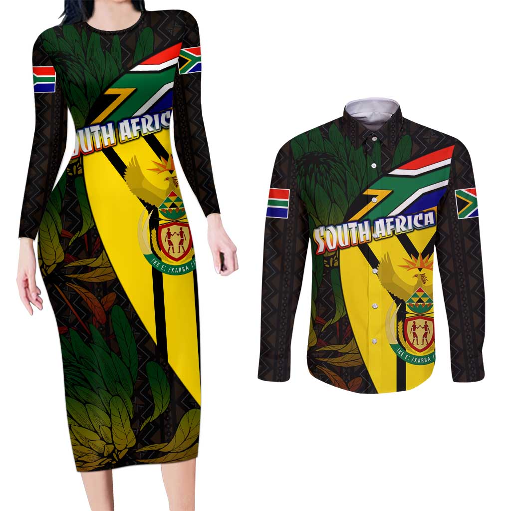 South Africa Coat Of Arms Couples Matching Long Sleeve Bodycon Dress and Long Sleeve Button Shirt Protea Unity Heritage