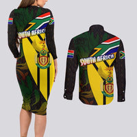 South Africa Coat Of Arms Couples Matching Long Sleeve Bodycon Dress and Long Sleeve Button Shirt Protea Unity Heritage