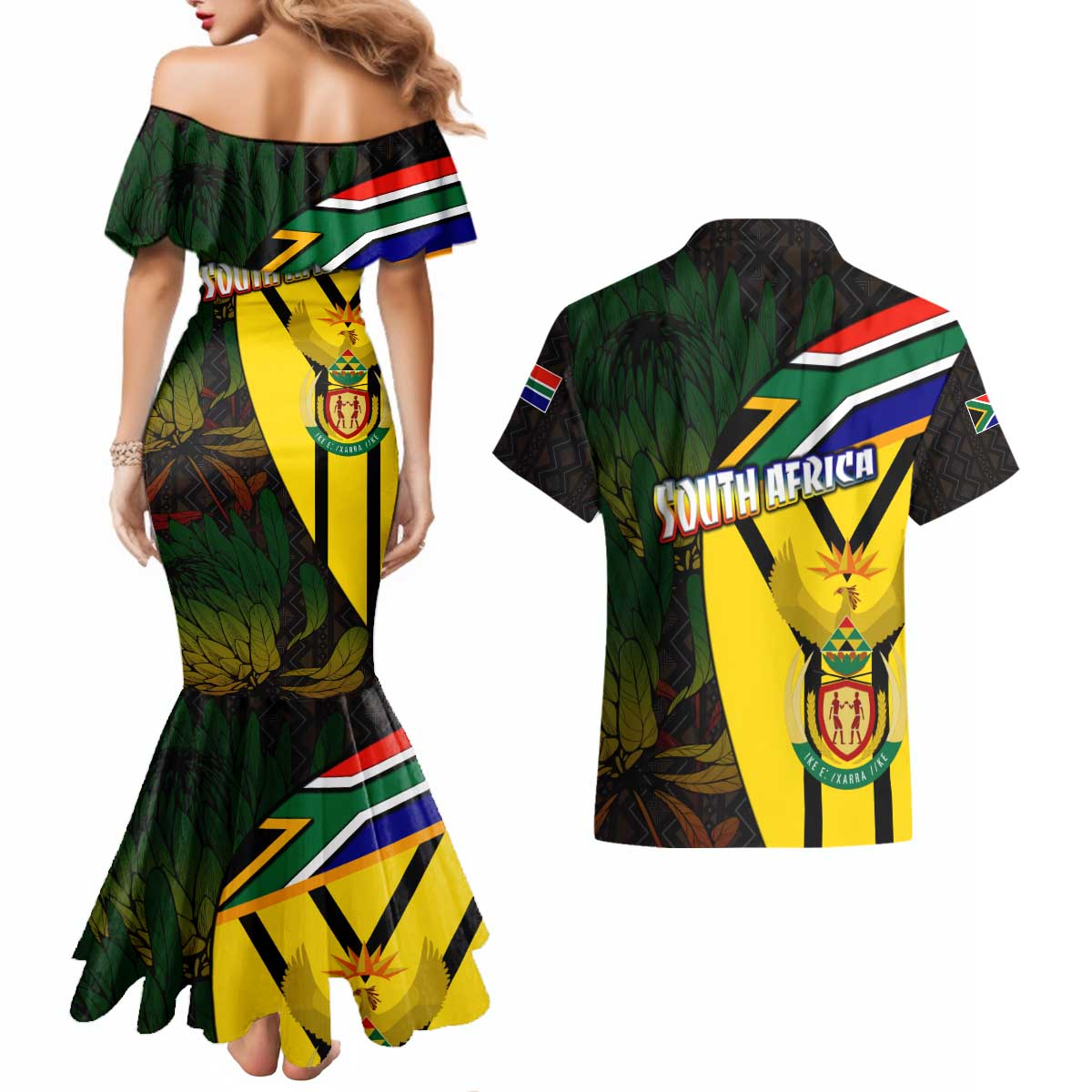 South Africa Coat Of Arms Couples Matching Mermaid Dress and Hawaiian Shirt Protea Unity Heritage