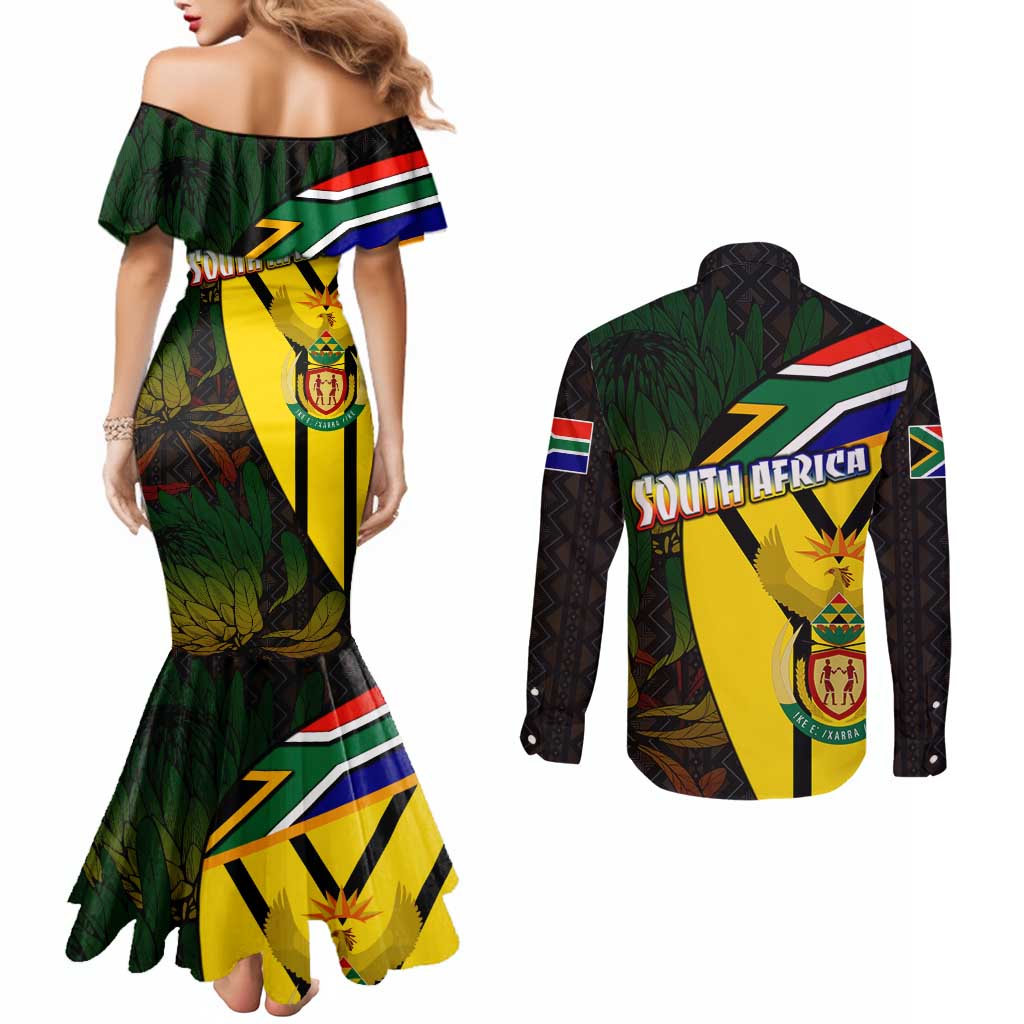 South Africa Coat Of Arms Couples Matching Mermaid Dress and Long Sleeve Button Shirt Protea Unity Heritage