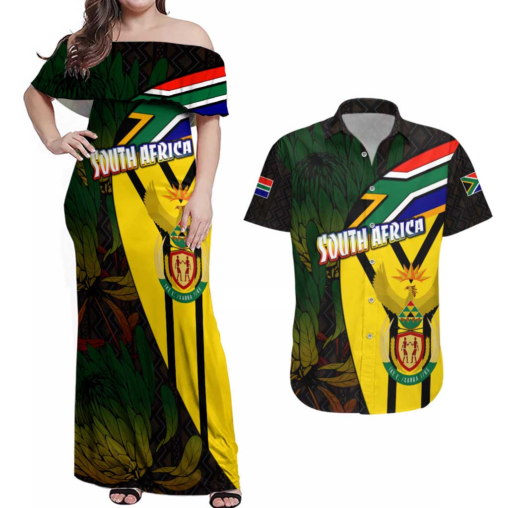 South Africa Coat Of Arms Couples Matching Off Shoulder Maxi Dress and Hawaiian Shirt Protea Unity Heritage
