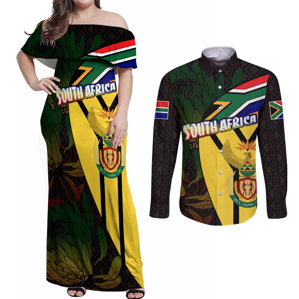 South Africa Coat Of Arms Couples Matching Off Shoulder Maxi Dress and Long Sleeve Button Shirt Protea Unity Heritage