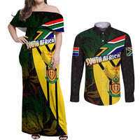 South Africa Coat Of Arms Couples Matching Off Shoulder Maxi Dress and Long Sleeve Button Shirt Protea Unity Heritage