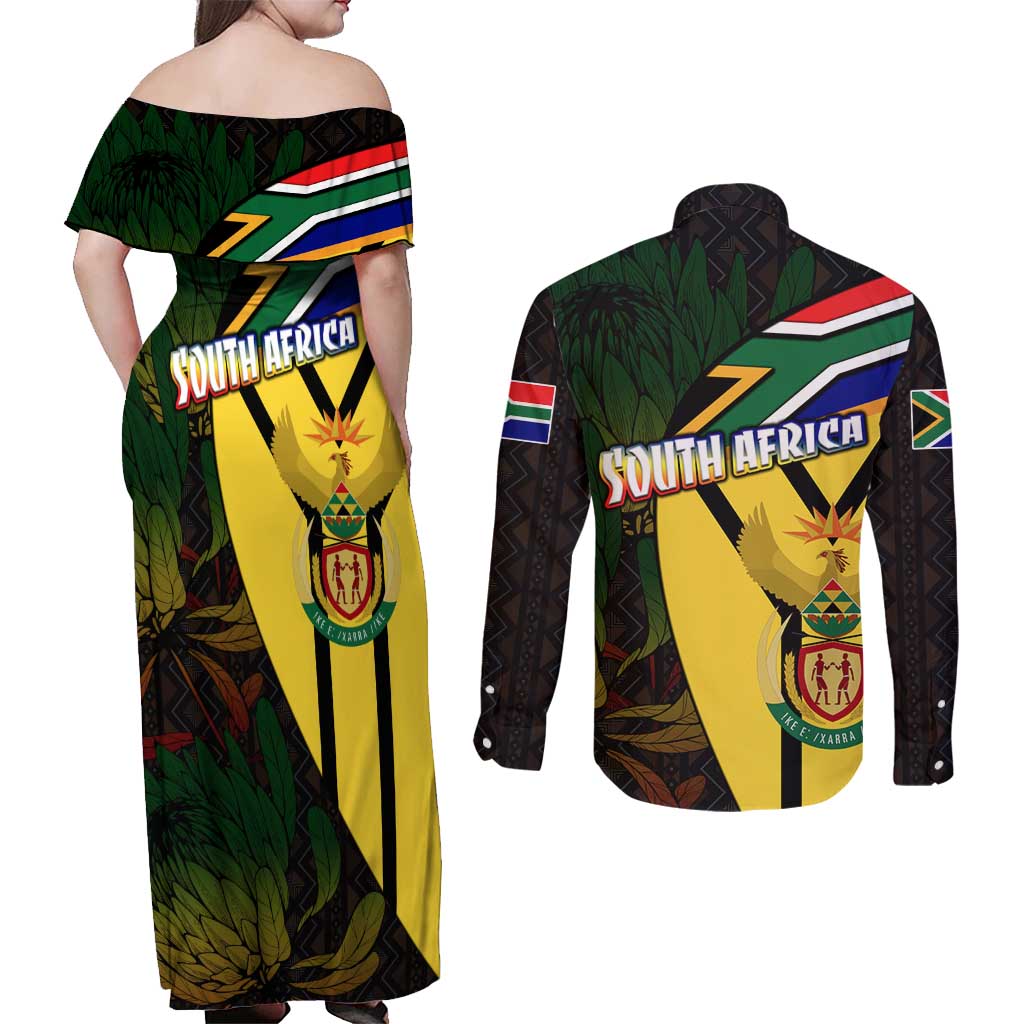 South Africa Coat Of Arms Couples Matching Off Shoulder Maxi Dress and Long Sleeve Button Shirt Protea Unity Heritage