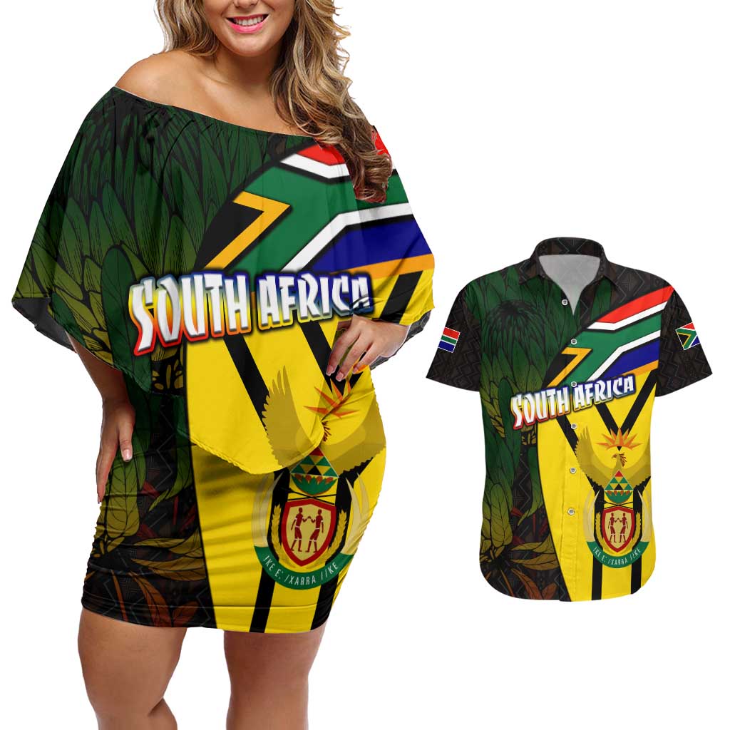 South Africa Coat Of Arms Couples Matching Off Shoulder Short Dress and Hawaiian Shirt Protea Unity Heritage