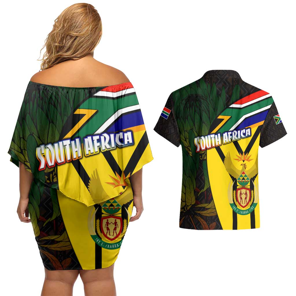 South Africa Coat Of Arms Couples Matching Off Shoulder Short Dress and Hawaiian Shirt Protea Unity Heritage