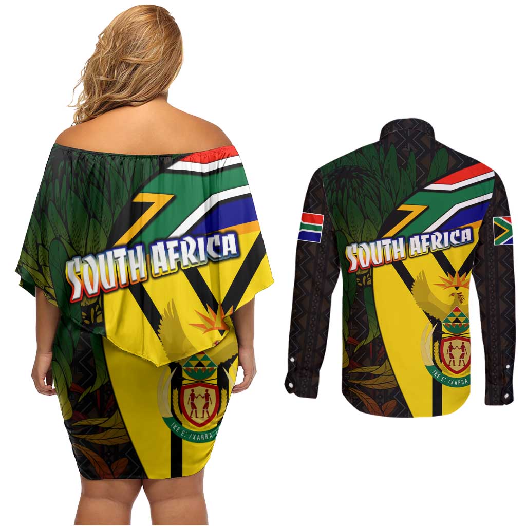 South Africa Coat Of Arms Couples Matching Off Shoulder Short Dress and Long Sleeve Button Shirt Protea Unity Heritage