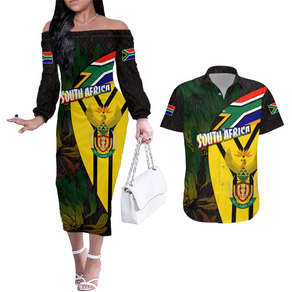 South Africa Coat Of Arms Couples Matching Off The Shoulder Long Sleeve Dress and Hawaiian Shirt Protea Unity Heritage
