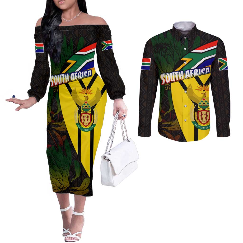South Africa Coat Of Arms Couples Matching Off The Shoulder Long Sleeve Dress and Long Sleeve Button Shirt Protea Unity Heritage
