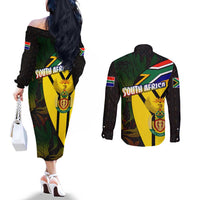 South Africa Coat Of Arms Couples Matching Off The Shoulder Long Sleeve Dress and Long Sleeve Button Shirt Protea Unity Heritage