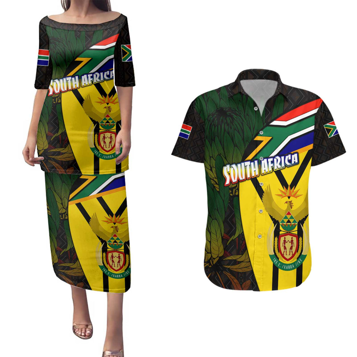 South Africa Coat Of Arms Couples Matching Puletasi and Hawaiian Shirt Protea Unity Heritage