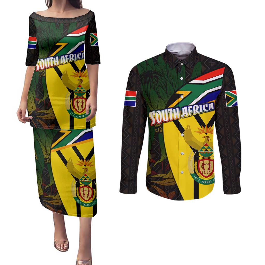 South Africa Coat Of Arms Couples Matching Puletasi and Long Sleeve Button Shirt Protea Unity Heritage