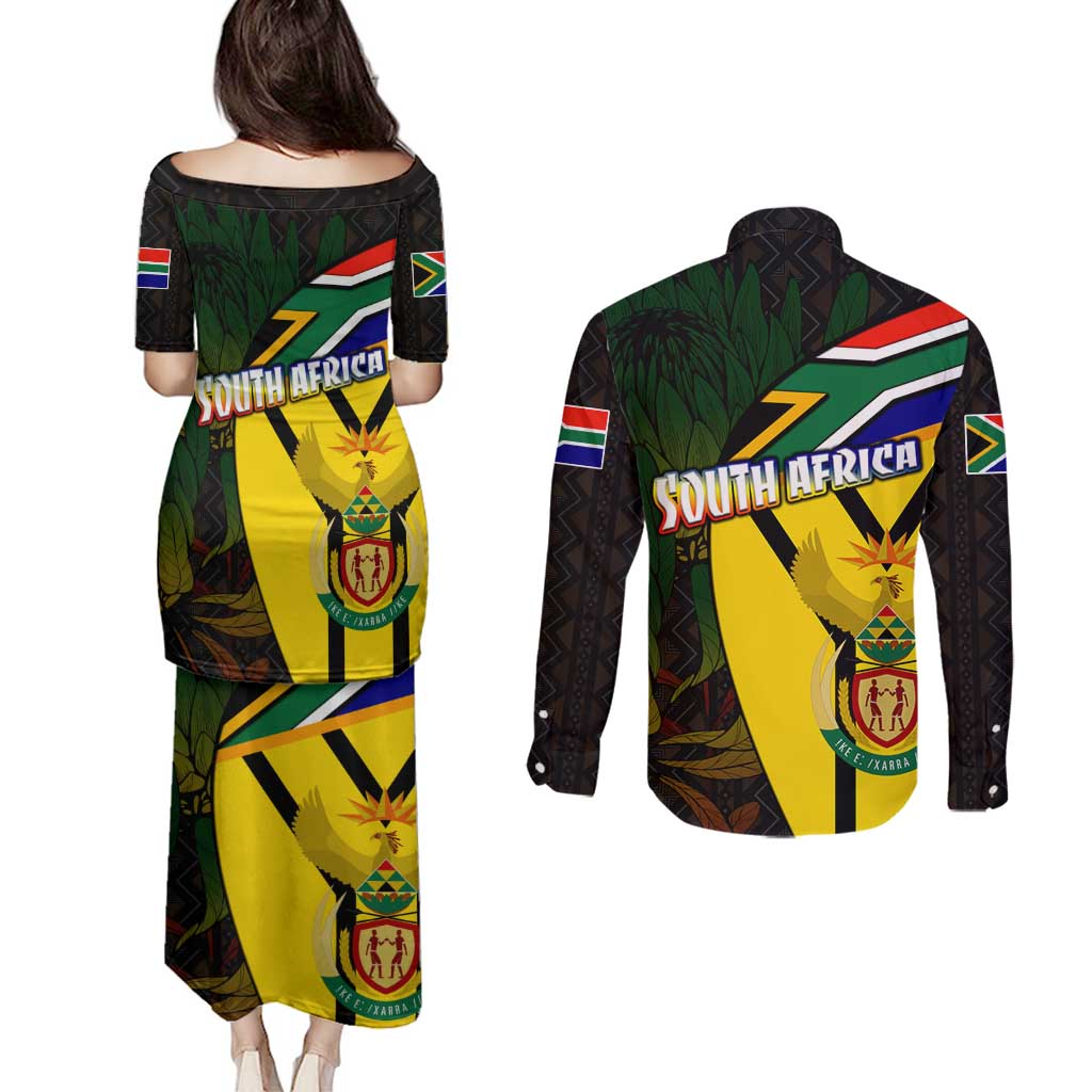 South Africa Coat Of Arms Couples Matching Puletasi and Long Sleeve Button Shirt Protea Unity Heritage