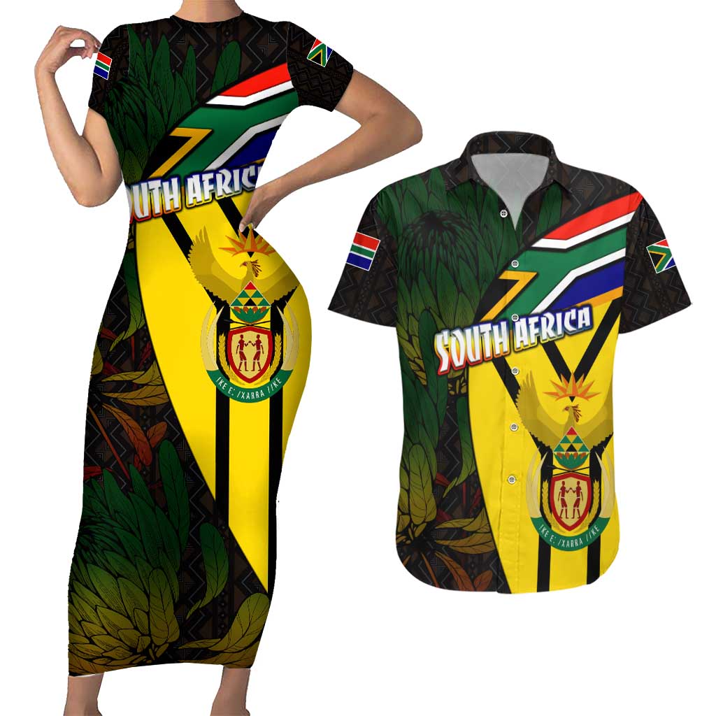 South Africa Coat Of Arms Couples Matching Short Sleeve Bodycon Dress and Hawaiian Shirt Protea Unity Heritage