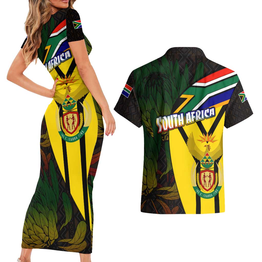 South Africa Coat Of Arms Couples Matching Short Sleeve Bodycon Dress and Hawaiian Shirt Protea Unity Heritage
