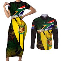 South Africa Coat Of Arms Couples Matching Short Sleeve Bodycon Dress and Long Sleeve Button Shirt Protea Unity Heritage