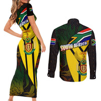 South Africa Coat Of Arms Couples Matching Short Sleeve Bodycon Dress and Long Sleeve Button Shirt Protea Unity Heritage