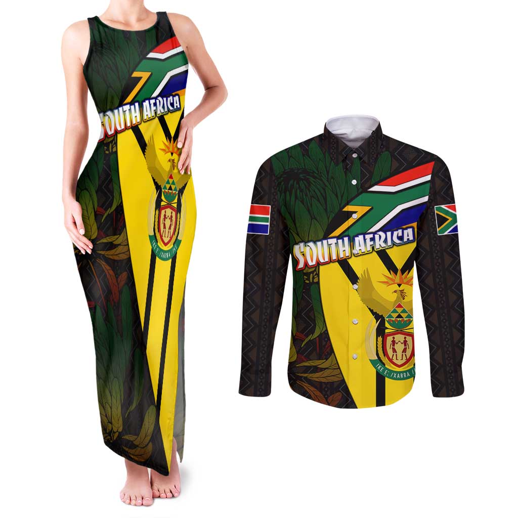 South Africa Coat Of Arms Couples Matching Tank Maxi Dress and Long Sleeve Button Shirt Protea Unity Heritage