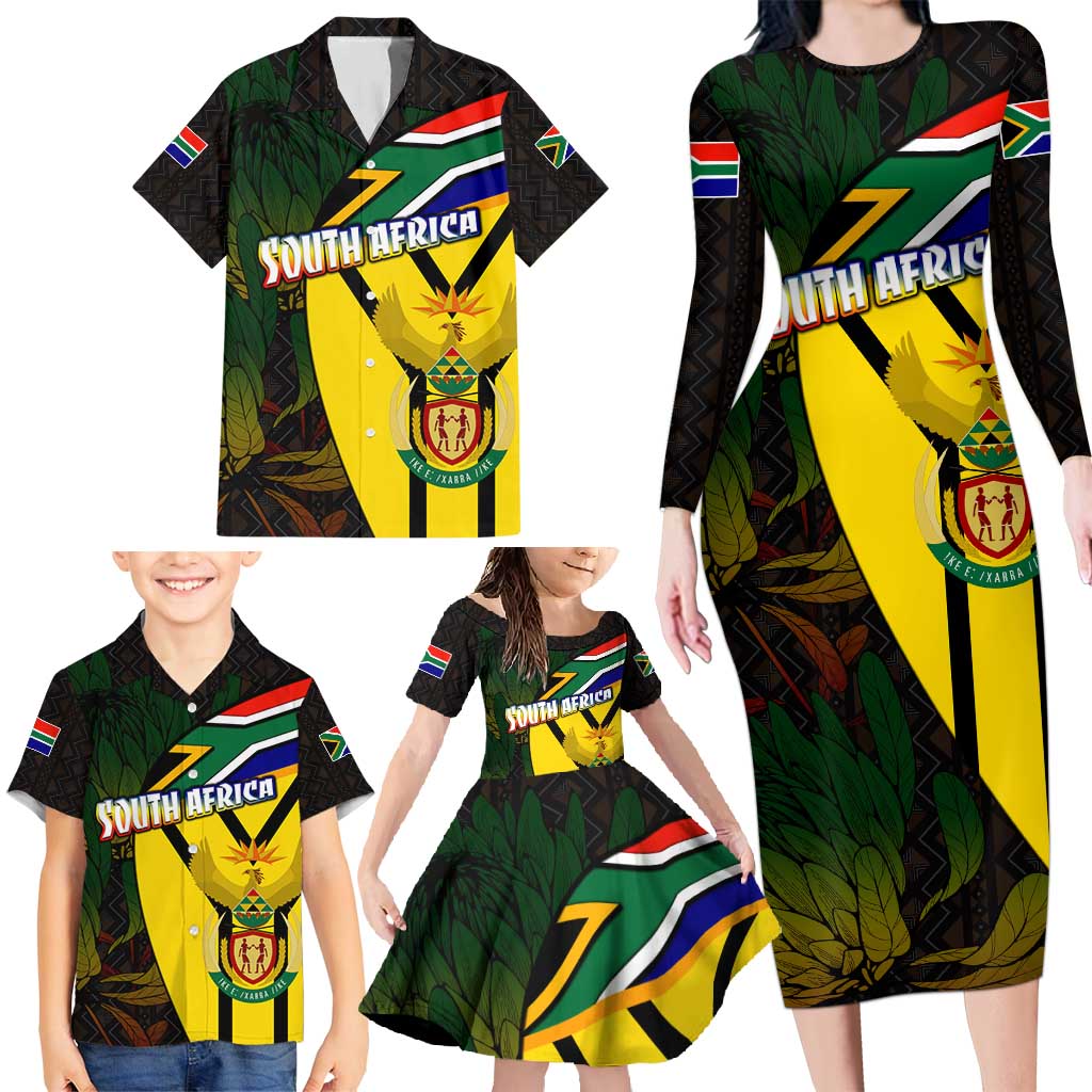 South Africa Coat Of Arms Family Matching Long Sleeve Bodycon Dress and Hawaiian Shirt Protea Unity Heritage