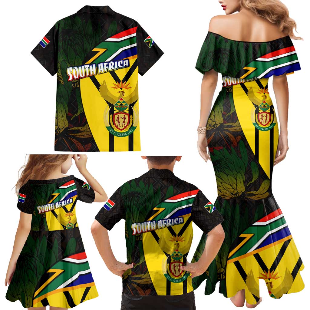 South Africa Coat Of Arms Family Matching Mermaid Dress and Hawaiian Shirt Protea Unity Heritage