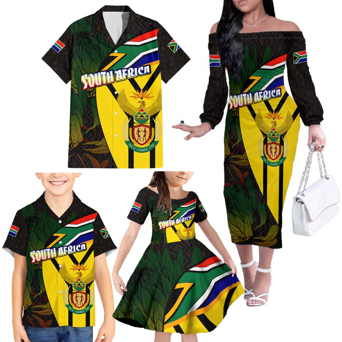 South Africa Coat Of Arms Family Matching Off The Shoulder Long Sleeve Dress and Hawaiian Shirt Protea Unity Heritage
