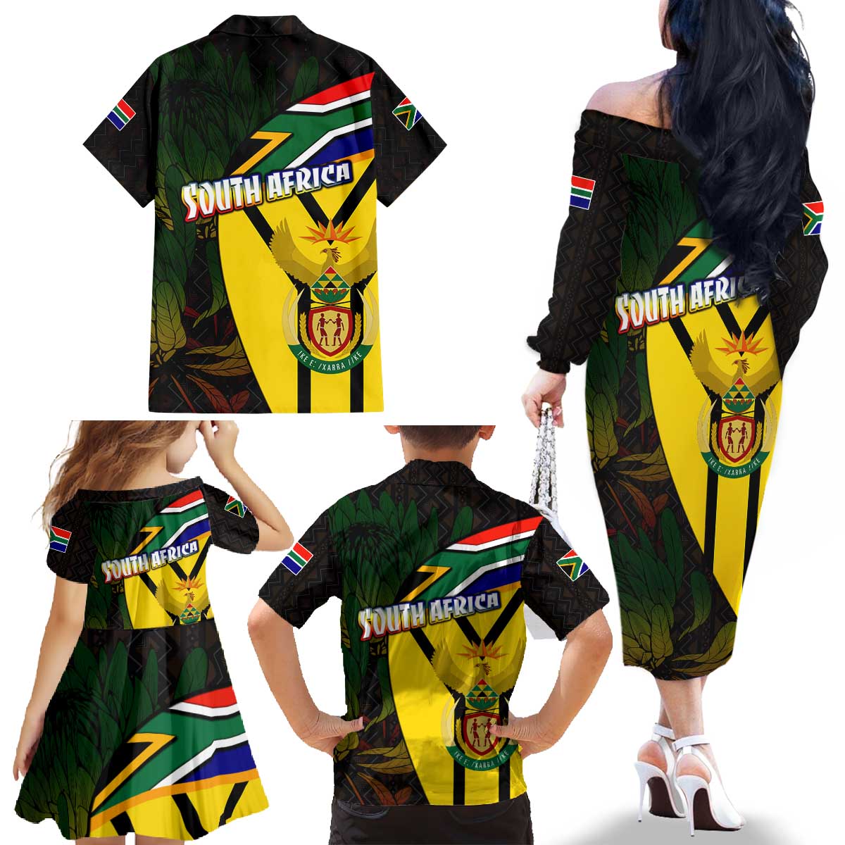 South Africa Coat Of Arms Family Matching Off The Shoulder Long Sleeve Dress and Hawaiian Shirt Protea Unity Heritage