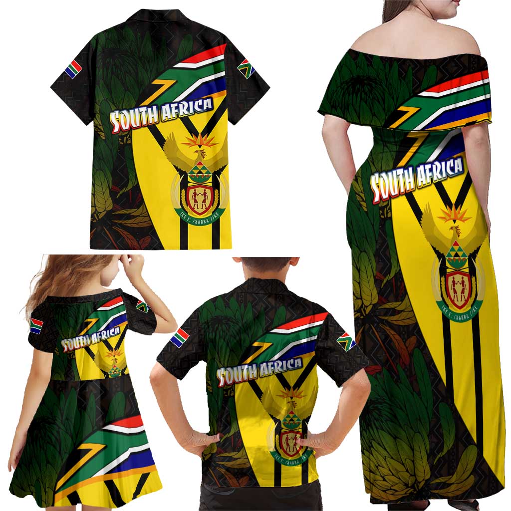 South Africa Coat Of Arms Family Matching Off Shoulder Maxi Dress and Hawaiian Shirt Protea Unity Heritage