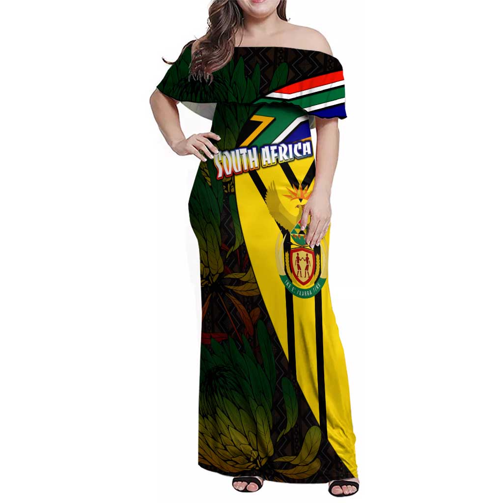 South Africa Coat Of Arms Family Matching Off Shoulder Maxi Dress and Hawaiian Shirt Protea Unity Heritage