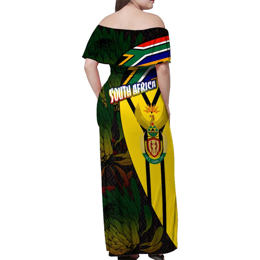 South Africa Coat Of Arms Family Matching Off Shoulder Maxi Dress and Hawaiian Shirt Protea Unity Heritage