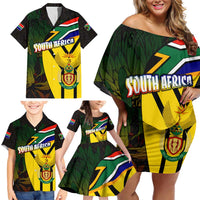 South Africa Coat Of Arms Family Matching Off Shoulder Short Dress and Hawaiian Shirt Protea Unity Heritage
