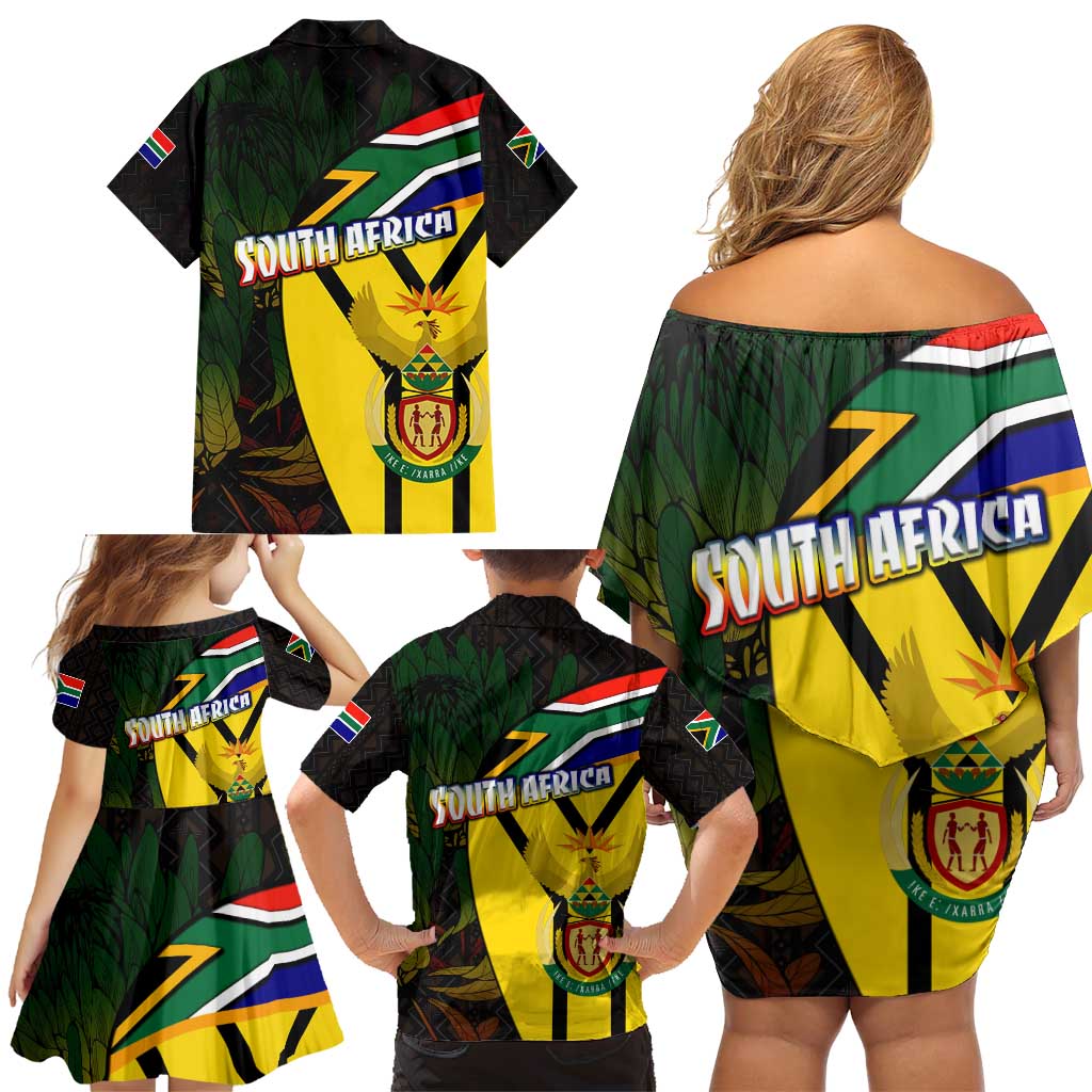 South Africa Coat Of Arms Family Matching Off Shoulder Short Dress and Hawaiian Shirt Protea Unity Heritage
