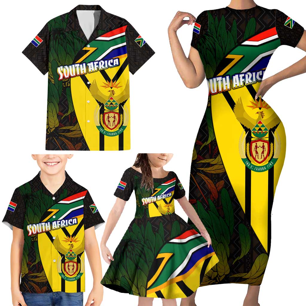 South Africa Coat Of Arms Family Matching Short Sleeve Bodycon Dress and Hawaiian Shirt Protea Unity Heritage