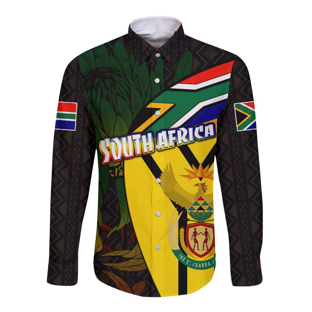 South Africa Coat Of Arms Long Sleeve Button Shirt Protea Unity Heritage