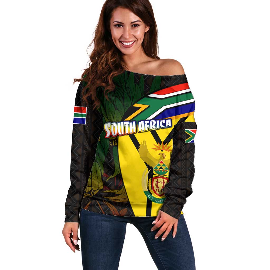 South Africa Coat Of Arms Off Shoulder Sweater Protea Unity Heritage
