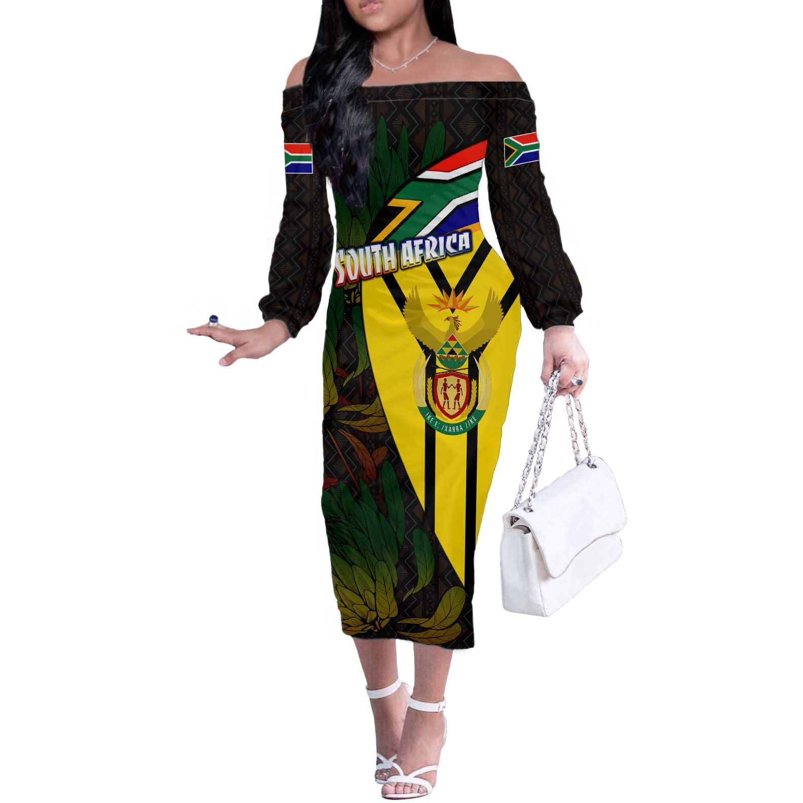 South Africa Coat Of Arms Off The Shoulder Long Sleeve Dress Protea Unity Heritage