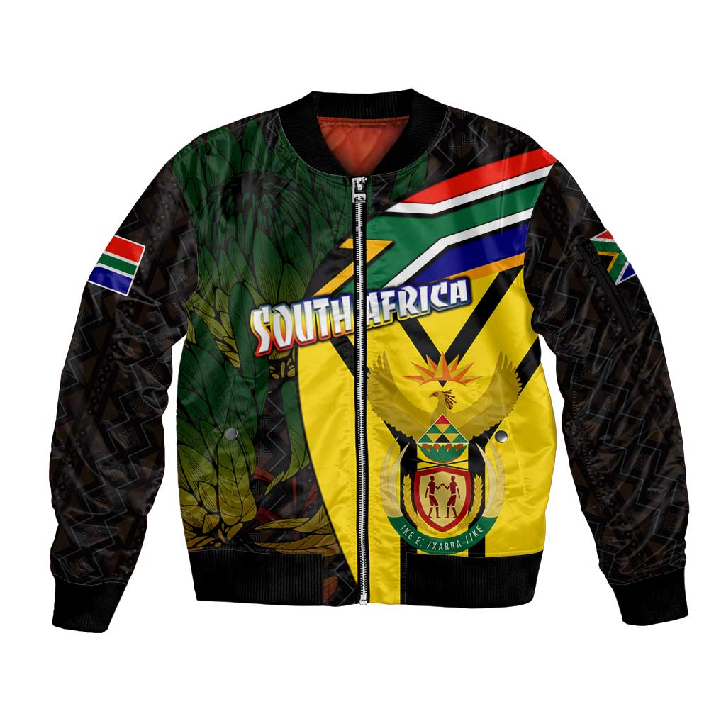 South Africa Coat Of Arms Sleeve Zip Bomber Jacket Protea Unity Heritage