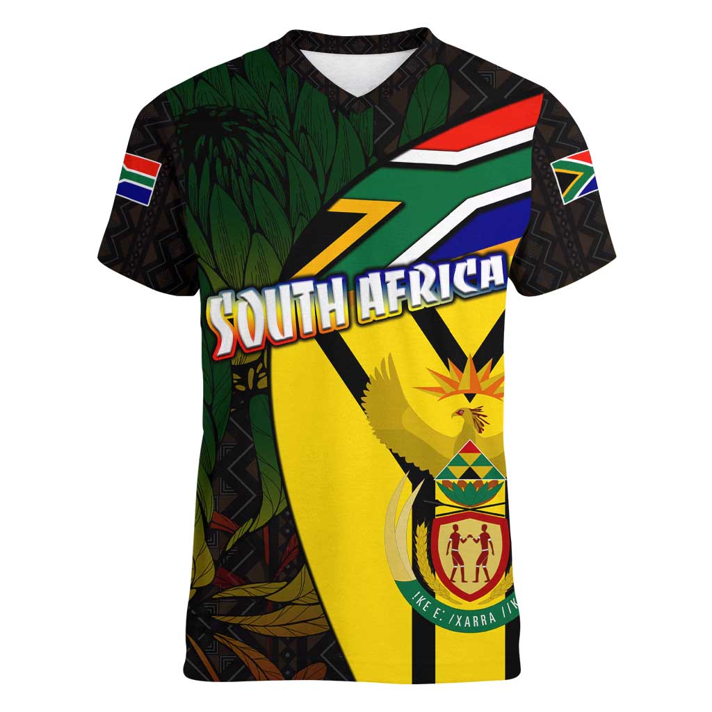 South Africa Coat Of Arms Women V-Neck T-Shirt Protea Unity Heritage
