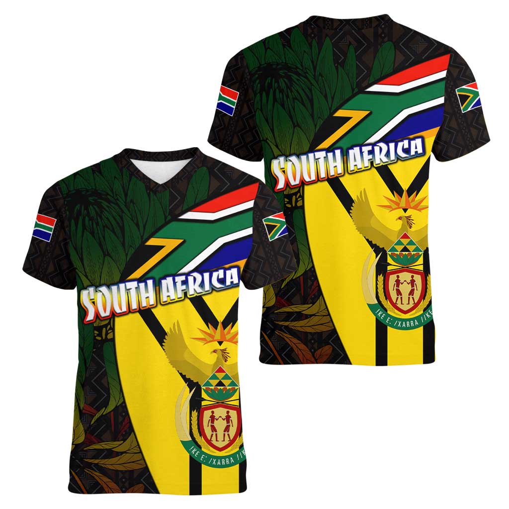 South Africa Coat Of Arms Women V-Neck T-Shirt Protea Unity Heritage