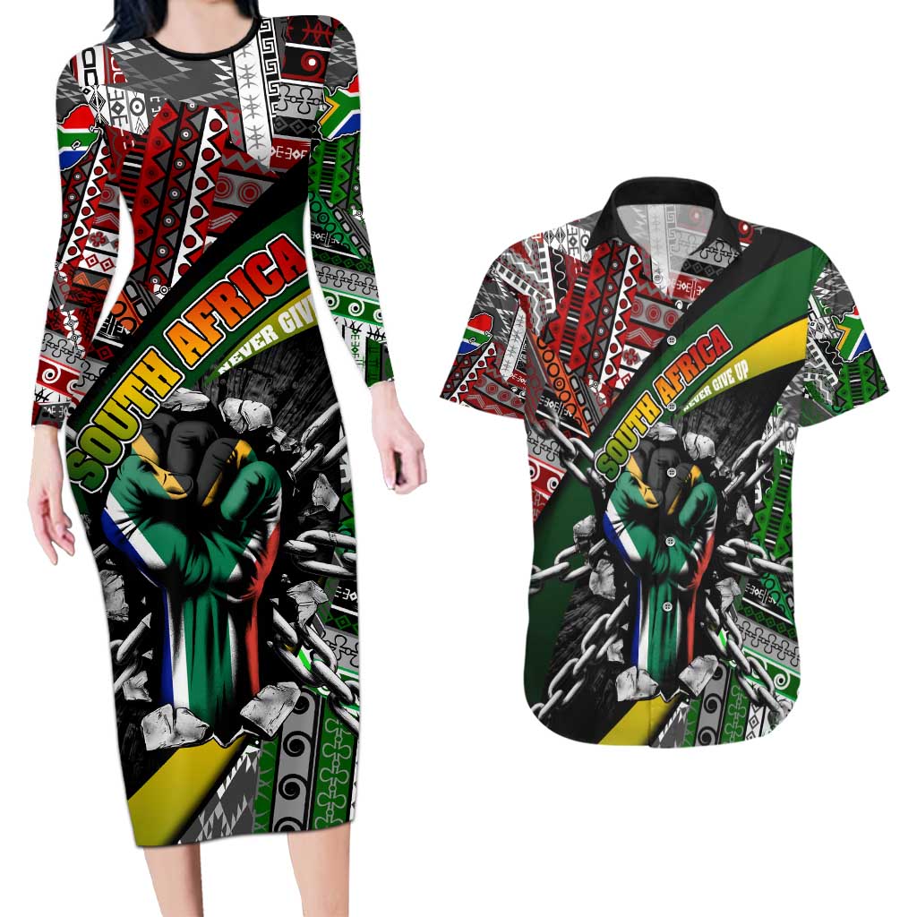 South Africa Never Give Up Couples Matching Long Sleeve Bodycon Dress and Hawaiian Shirt SA Fist of Freedom
