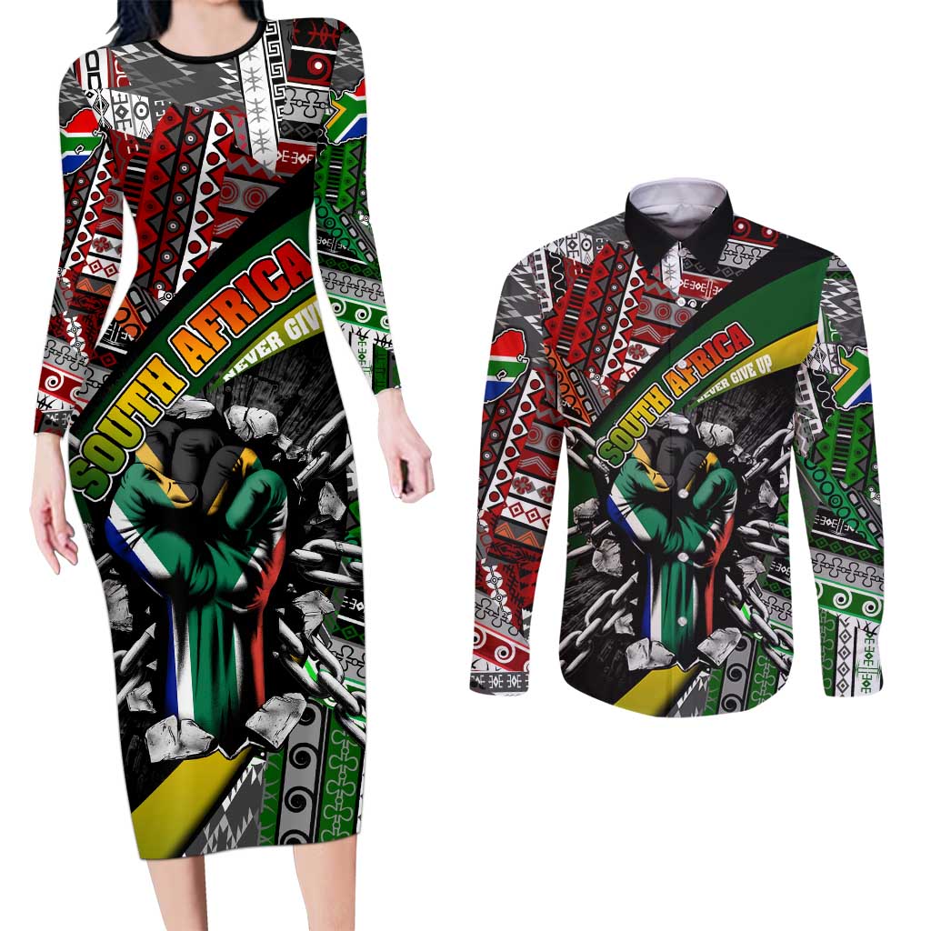 South Africa Never Give Up Couples Matching Long Sleeve Bodycon Dress and Long Sleeve Button Shirt SA Fist of Freedom