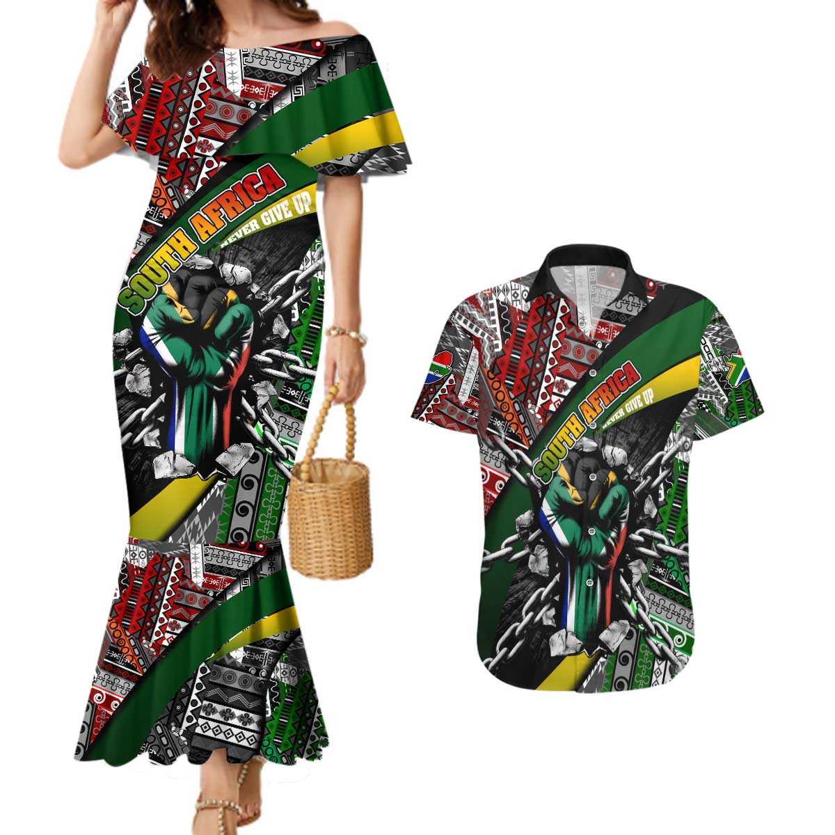 South Africa Never Give Up Couples Matching Mermaid Dress and Hawaiian Shirt SA Fist of Freedom