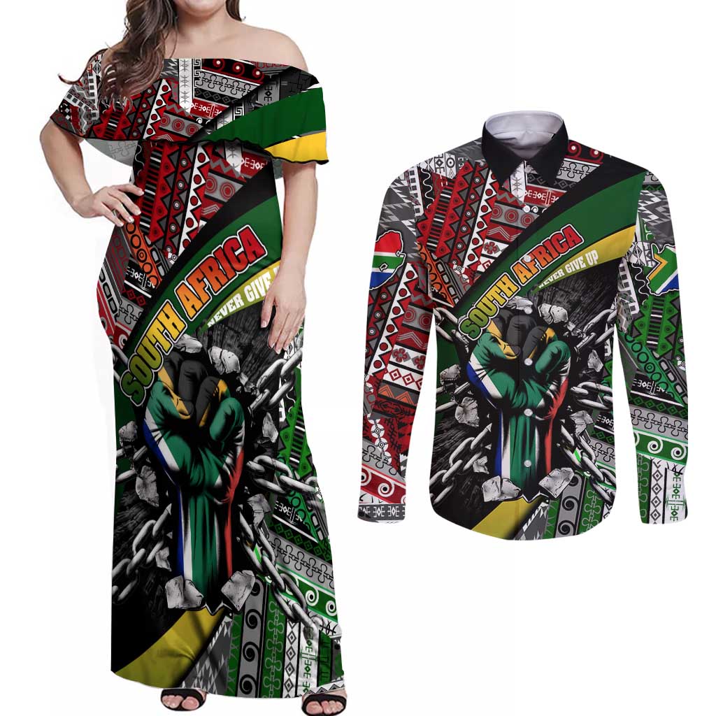 South Africa Never Give Up Couples Matching Off Shoulder Maxi Dress and Long Sleeve Button Shirt SA Fist of Freedom